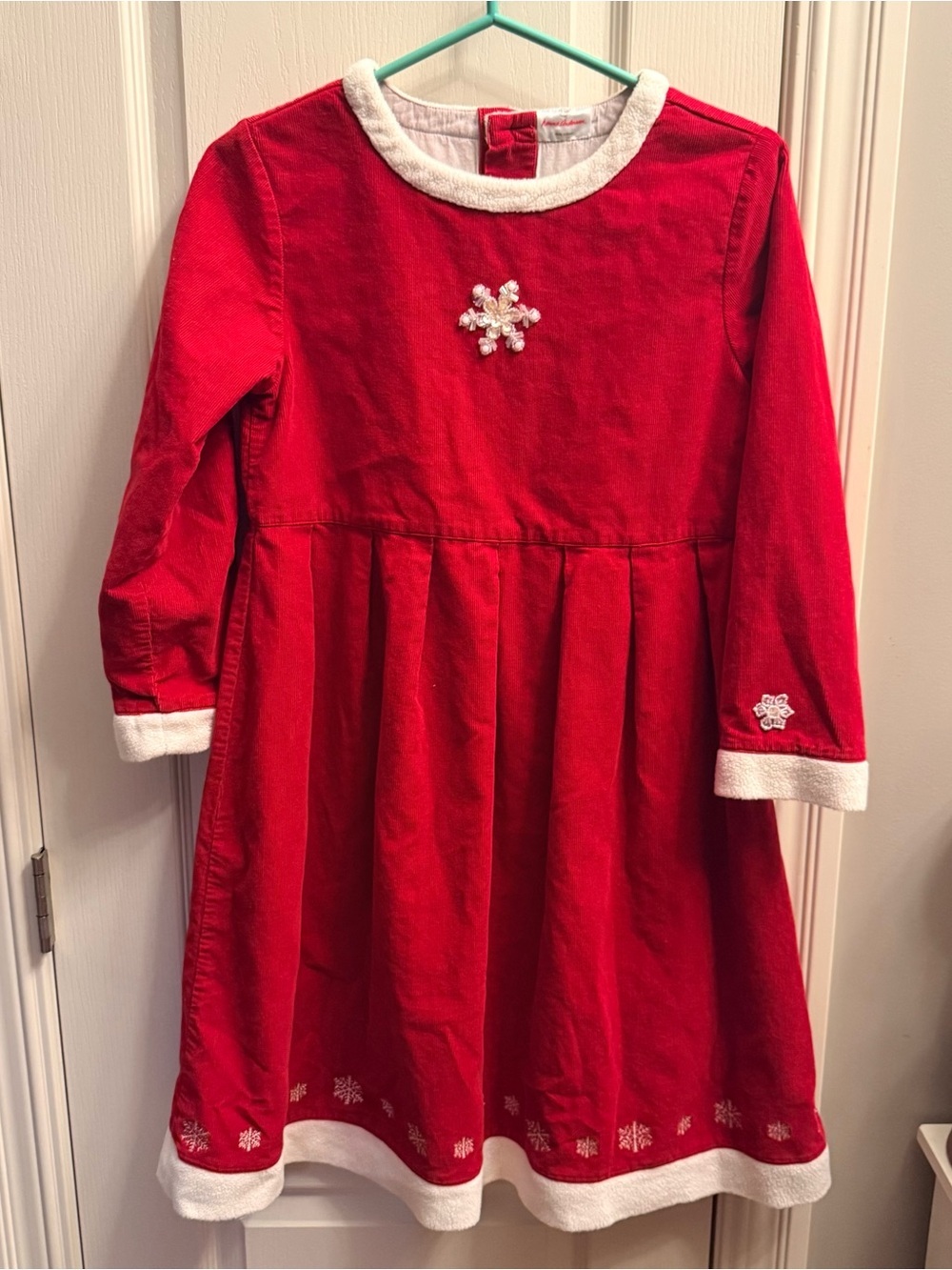 Hannah Anderson red corduroy snowflake dress with white fur trim collar size 150